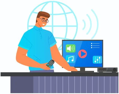 Man using worldwide network on tv or computer. Person looking at screen of Stock Illustration