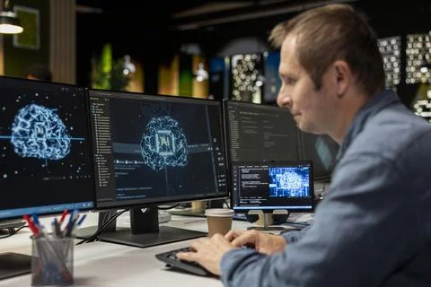 Man utilizing artificial intelligence on computer to optimize performance 스톡 사진