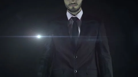 A man utilizing a futuristic interface display to look on a map Vidéo 233690647