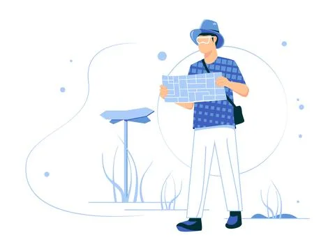 Man is on vacation and adventurous. read directions. Concept of male characte Stock Illustration