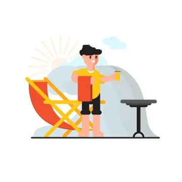 Man on vacation vector illustration. Man drinks a drink on the background of  Illustrazione stock