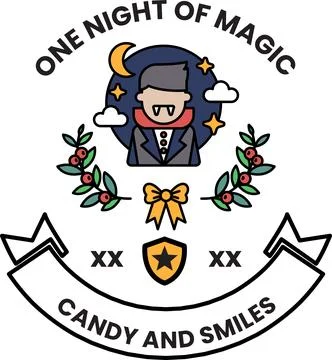 A man with a vampire face is on a banner that says "One Night of Magic" Stock Illustration