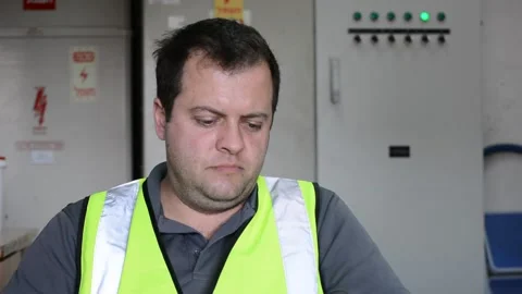 Man in vest eats slice of pizza on workplace Видео 143275413
