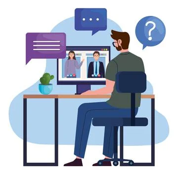 Man in video call with computer Illustrazione stock