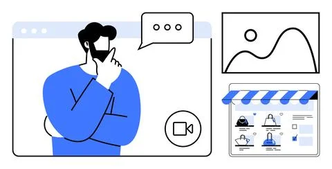 Man in video call with speech bubble, graph, and online store interface. Idea Stock Illustration
