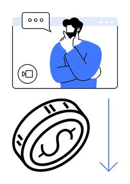 Man in video call window, pondering with hand on chin. Below, coin with dolla Stock Illustration
