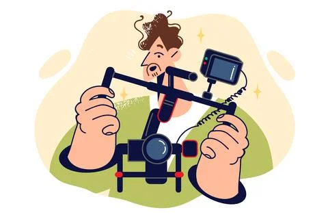 Man videographer holds camera mounted on stabilizer to shoot video with smooth Stock Illustration