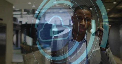 Man viewing cloud lock interface holding phone in office wearing suit, copy Stock Photos