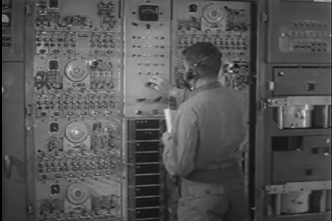 Man at vintage computer control board White Sands  6.5.1953 Stock Footage 297018879