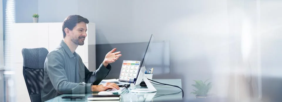 Man In Virtual Conference Training Meeting Stock Photos