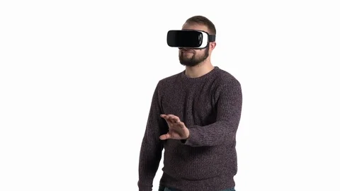 Man in virtual digital glasses touching virtual object. Imitation of touching Video stock 121200326