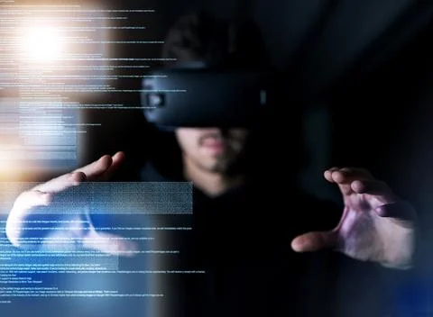 Man, virtual reality and hands with hologram overlay for code, IT or futuristic Stock Photos