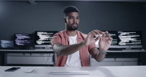 Man, virtual reality and screen for programming, coding and software engineering Stock Footage 260862512