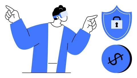 Man in Virtual Reality Gear with Security Shield and Dollar Sign Stock Illustration