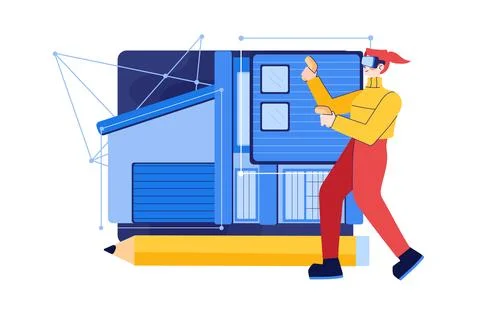 A man in virtual reality glasses designs a building a hologram of a house Ilustración de archivo