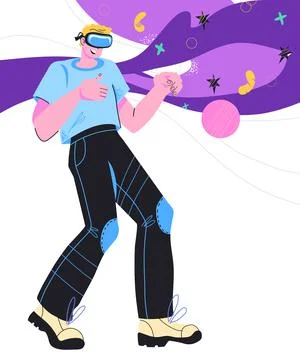 Man in virtual reality glasses exploring augmented reality, cartoon vector il Illustrazione stock