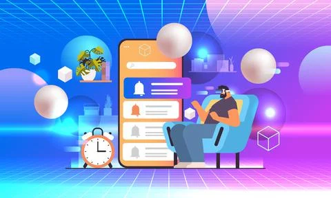 Man in virtual reality glasses programming time reminder alarm on smartphone Illustration