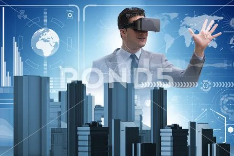 Man with virtual reality goggles doing urban planning Stock Photos