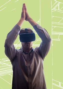 Man in virtual reality headset against green and white hand drawn stairs Stockfoto's