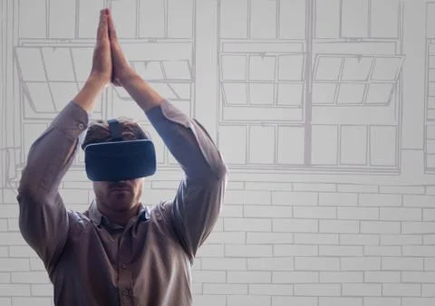 Man in virtual reality headset against purple and grey hand drawn office Stock Photos