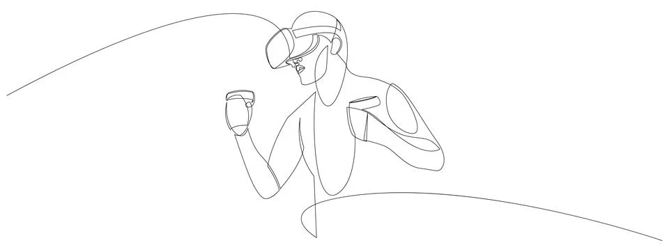 Man in virtual reality headset and motion controller one line art. イラスト素材