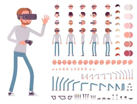 Man in Virtual Reality headset. Character creation set Stock Illustration
