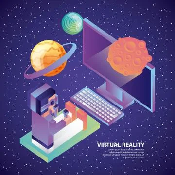 Man in virtual reality headset computer 3d planets cosmos Illustrazione stock