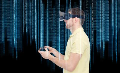 Man in virtual reality headset or 3d glasses Stockfoto's