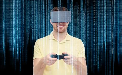 Man in virtual reality headset or 3d glasses 스톡 사진