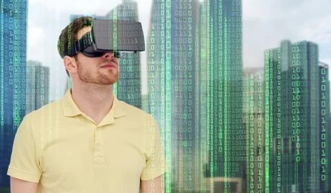 Man in virtual reality headset or 3d glasses Stock Photos