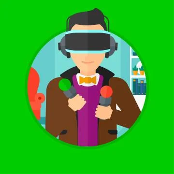 Man in virtual reality headset playing video game. Illustrazione stock