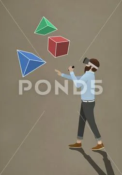 Man with virtual reality simulator glasses looking at 3D geometric shapes Stock Illustration