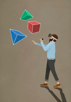 Man with virtual reality simulator glasses looking at 3D geometric shapes 스톡 일러스트