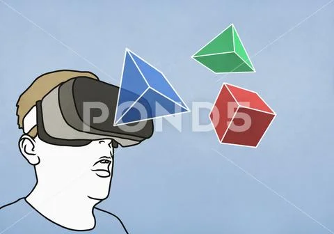 Man with virtual reality simulator glasses looking at 3D geometric shapes Stock Illustration