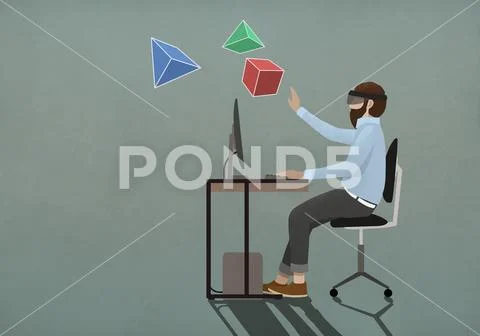 Man with virtual reality simulator glasses looking at 3D geometric shapes Stock Illustration
