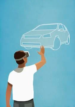 Man with virtual reality simulator glasses looking up at virtual car 스톡 일러스트