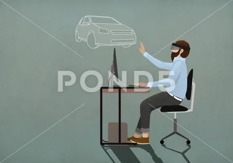 Man with virtual reality simulator glasses online shopping for car Stock Illustration