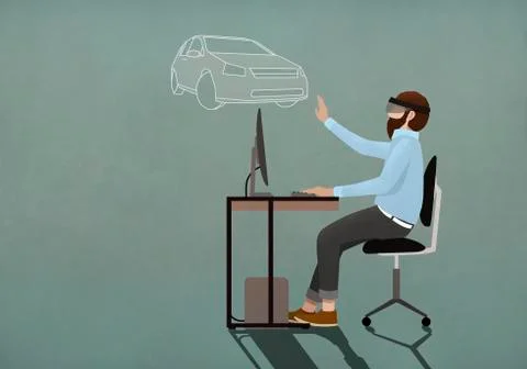 Man with virtual reality simulator glasses online shopping for car Illustrazione stock