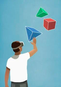 Man with virtual reality simulator glasses looking up at 3D geometric shapes Stock Illustration