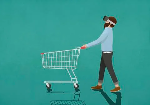 Man with virtual reality simulator pushing shopping cart Stock Illustration