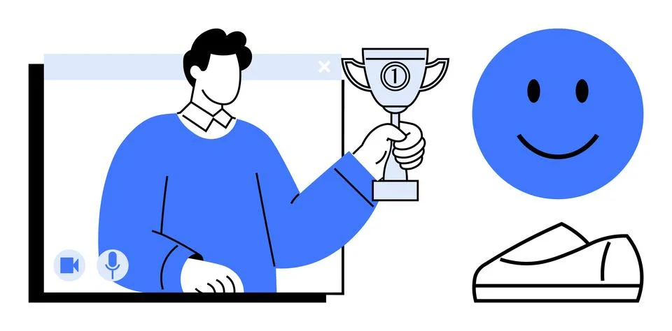 Man in virtual window holding trophy, large blue happy face, and sneaker icon Stock Illustration