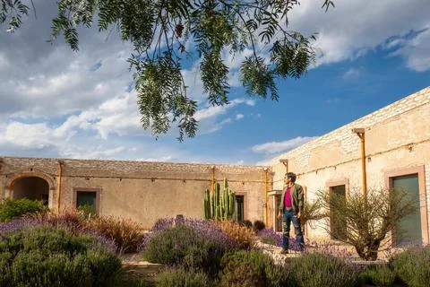 Man visiting the old rustic model school with cactus in Mineral de Pozos Gu.. Stock Photos