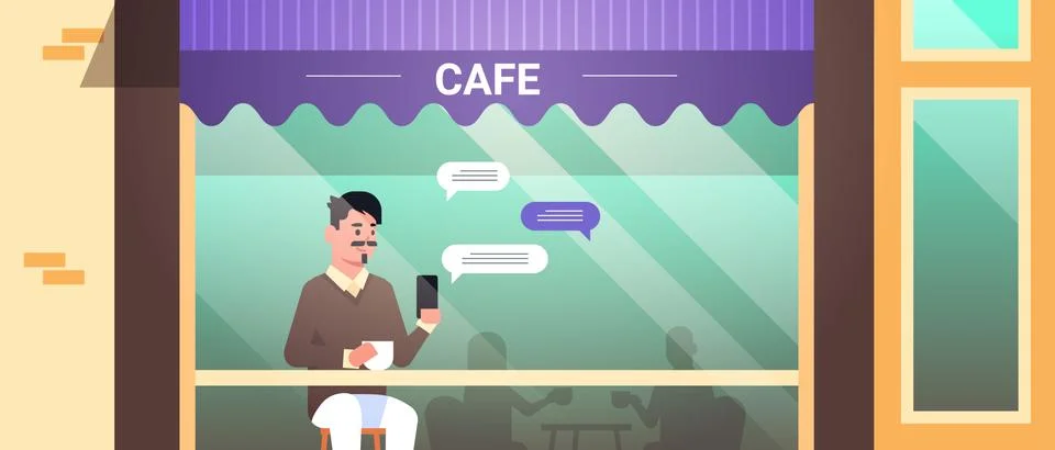 Man visitor sitting at table using chatting mobile app on smartphone social n Stock Illustration
