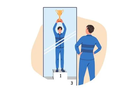 Man visualizes victory by standing in front of mirror and imagining leader gold Stock Illustration