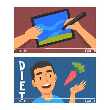 Man Vlogger Video Streaming in the Internet Making Diet and Drawing Vlog Vector Stock Illustration