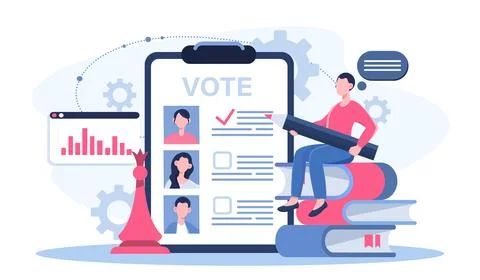 Man votes online. Young guy with pencil sits on stack of books and ticks Stockillustratie