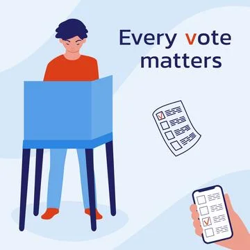 Man in the voting booth makes her choice. A call to vote. Voting online by .. Illustrazione stock