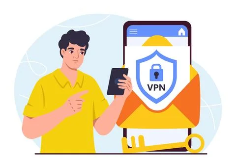 Man with vpn. Young guy with mobile application for smartphone. Virtual private Illustrazione stock