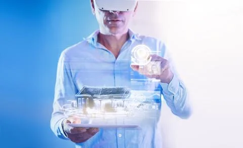 Man, vr and architect with model, building or house for 3d, virtual and digital Fotos de archivo