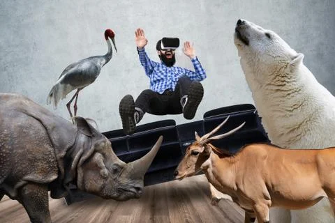 Man in VR with animals Stock Photos